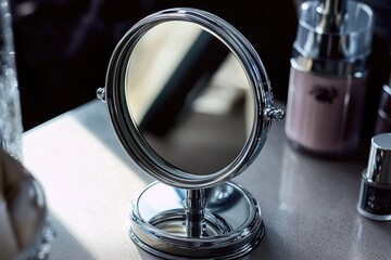 Poster - A close-up view of a mirror sitting on a table, reflecting a neutral background