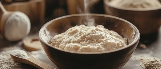 Poster - A wooden bowl containing a mix of flour, ideal for baking or cooking