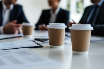 Poster - A group of friends gathered around a table enjoying cups of coffee, perfect for capturing a moment of social connection or office break