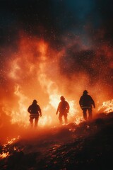 Poster - Group of firefighters standing in front of a fire