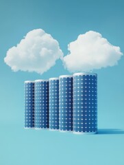 Poster - A row of solar panels under a cloudy sky, suitable for use in environmental or technology-related contexts