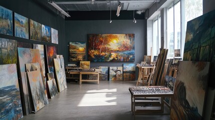 Poster - A cozy art gallery room with many paintings on the walls and a comfortable bench in the center