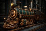 A steampunk locomotive engine with oversized brass gears, steam vents, and intricate copper detailing
