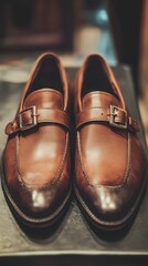 Poster - A pair of brown shoes resting on a table, suitable for use in still life photography or as a prop in other scenes