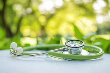 Poster - A medical stethoscope resting on a table, ready for use