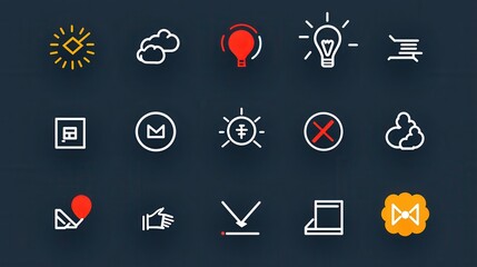 Poster - A set of 15 minimalist outline icons representing a variety of business technology and communication related concepts such as ideas innovation data analytics financial management