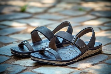 Poster - Sandals placed on a rustic cobblestone floor, possibly in an old town or village