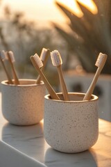 Poster - A pair of toothbrushes sitting in a cup on a table, ready for use