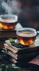 Poster - A cup of tea resting on top of stacked books, perfect for a cozy study session or quiet time