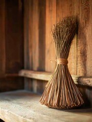 Poster - A broom sitting on top of a wooden shelf, perfect for interior decoration or still life photography