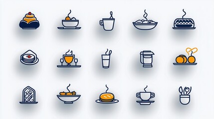 Poster - A collection of simple clean lined icons representing various food and dining elements such as plates cups utensils and desserts in a minimalist and sophisticated style