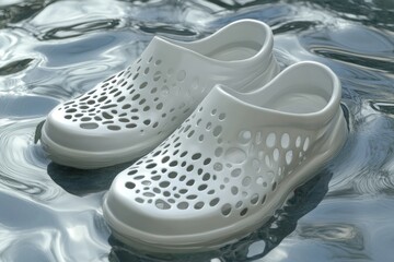 Poster - A pair of white shoes floating on the surface of calm water, often used in illustrations for summer vibes or outdoor activities
