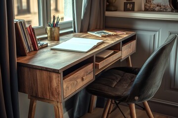 Poster - A simple office setup with a desk, chair, and open book