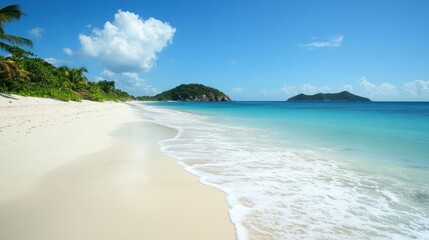 Poster - Idyllic tropical beach with white sand, turquoise water, palm trees, and distant islands under a sunny sky.