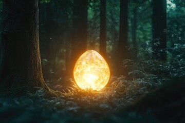 Poster - A solitary glowing stone sits amidst the trees in a dense forest