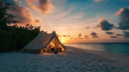 Poster - Illuminated beach tent at sunset, tropical island scene.