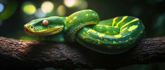 Poster - A green snake sits at the top of a tree branch, looking out over its surroundings