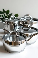 Poster - A collection of pots and pans arranged neatly on a table, suitable for use in various settings such as cooking demonstrations or product displays