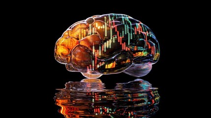 Fototapete - Illuminated brain model with embedded financial chart data reflecting on a dark surface.