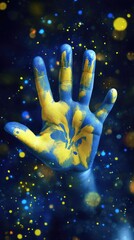 Poster - A person's hand is painted with vibrant yellow and blue colors, great for art and creativity concepts