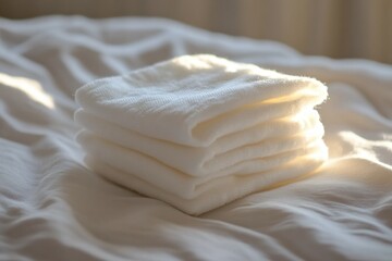 Poster - A stack of white towels sitting on top of a bed, useful for hotel or bedroom scenes