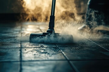 Aufkleber - A person cleaning a tiled floor with a steam mop, useful for housekeeping and interior design