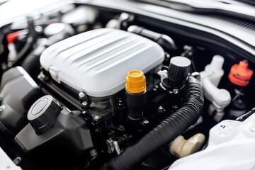 Poster - A detailed view of a car engine with the hood open, great for automotive or mechanical context
