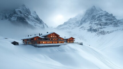 Poster - Illuminated chalet nestled in snowy Alps mountains at dusk.