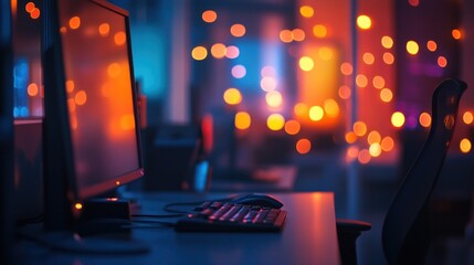 Poster - illuminated computer setup in a dimly lit room with bokeh lights in the background.