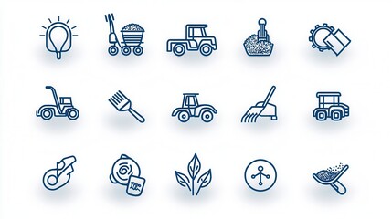 Poster - a set of detailed line icons representing various agricultural and soil related elements including f