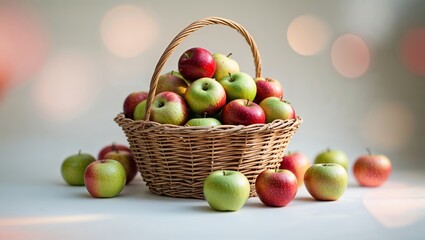 Poster - freshly picked apples in a woven basket displayed on a simple background with soft lighting