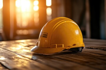 Poster - A hard hat sits on top of a wooden table, ready for use