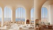 © Fandi - A luxurious living room with large arched windows and a city view
