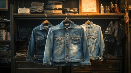 Poster - Three denim jackets displayed on a rack in a clothing store, perfect for fashion and apparel concepts