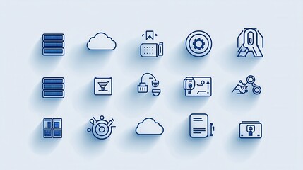 Poster - A comprehensive set of 15 outline icons representing various elements of a modern data center including servers cloud storage networking and other essential technology components