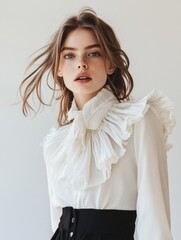 Poster - A woman dressed in a white blouse and black skirt, looking straight ahead