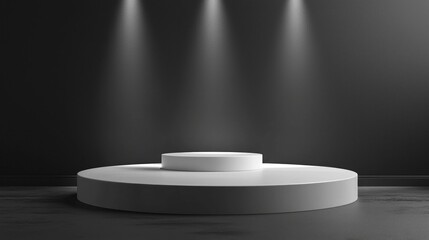 Aufkleber - A sleek white podium takes center stage in a dimly lit room, illuminated by soft spotlights. The setting exudes a modern and sophisticated ambiance ideal for artistic showcases or presentations
