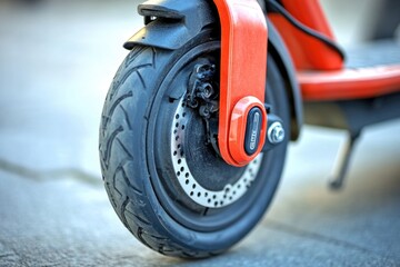 Poster - A detailed view of a red scooter's wheel, suitable for use in urban or transportation-themed projects