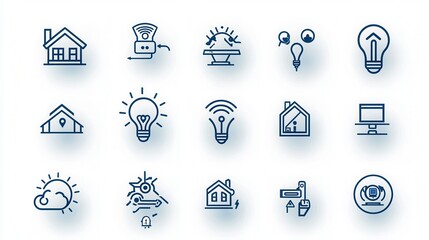 Poster - a collection of 15 outline icons representing various features and elements of a smart home includin