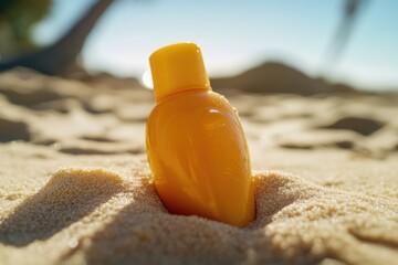 Poster - A bottle of sunscreen sitting in the sand