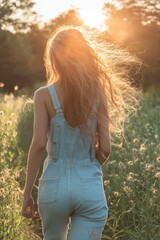 Poster - A woman walks through a field of tall, dense grass