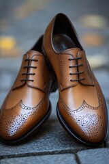 Aufkleber - A pair of brown shoes sits on a stone floor, ideal for use in interior design or lifestyle photography