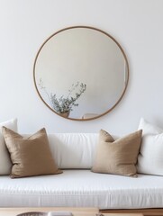 Poster - Cozy living room with a white couch and a round mirror