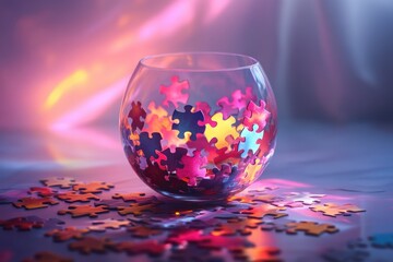 Poster - A glass filled with puzzle pieces on a table, ready for assembly