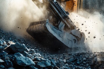 Poster - A heavy machinery dig through a pile of rocks, ideal for construction or mining scene