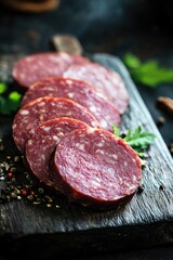 Poster - Fresh salami sliced and placed on a cutting board, ideal for food styling or editorial use