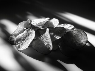 Poster - A close-up shot of a stack of potato chips in grayscale