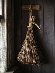 Poster - A broom hangs on the wall beside a window, ready for use