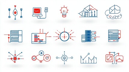 Poster - Collection of modern simplified line icons representing various elements of a data center including servers networking storage analytics and other technology driven components