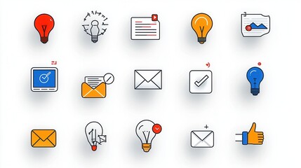 Poster - A collection of modern minimalist line icons representing various aspects of digital marketing including strategy analytics communication and creative elements